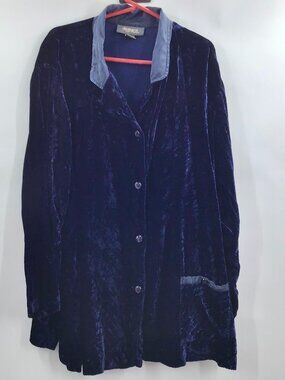Vintage Womens 26/28 Glam Crushed Blue Velvet Smoking Jacket Coat Silk Gothic
